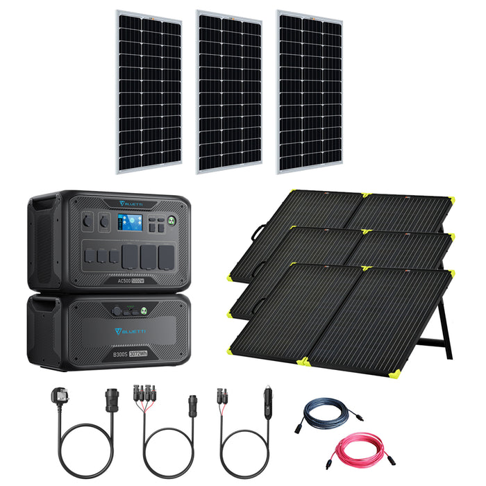 Bluetti AC500 + B300S 5000W/3072Wh Solar Generator Kit | 3 x 200W 12V Mono Solar Panels | Complete Solar Kit