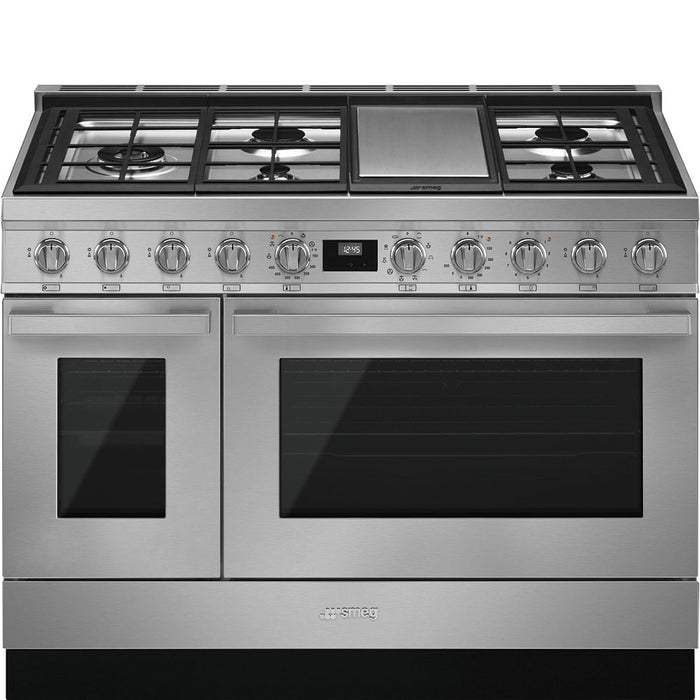 Smeg CPF48UGMX Portofino Series 48" Natural Gas, Dual Fuel Double Oven Freestanding Range in Stainless Steel