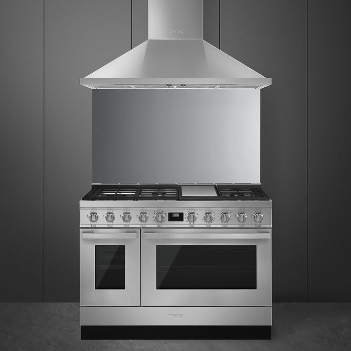 Smeg CPF48UGMX Portofino Series 48" Natural Gas, Dual Fuel Double Oven Freestanding Range in Stainless Steel