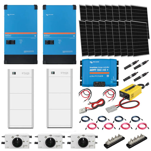 2 x Victron MultiPlus-II 48V 10,000W Inverter/Charger 20kW of overall output power | 2 x ETHOS 48V 30.8KWH Stackable Battery (6 Modules) | 48 x 410W Rigid Solar Panels.   At  Generation Eco Store