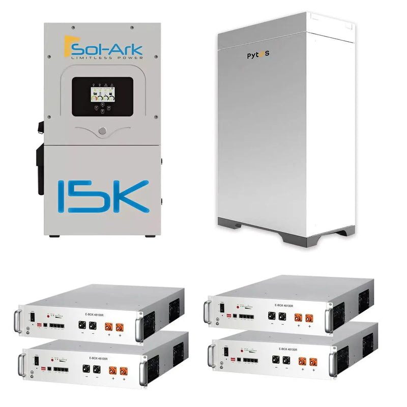 Sol-Ark 15K Inverter + Pytes LFP Battery + Pytes Indoor Cabinet Bundle (SA-Limitless-15K, E-box-48100R, Forest RB).   At  Generation Eco Store