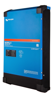 Blue and black power converter with visible branding on a white background