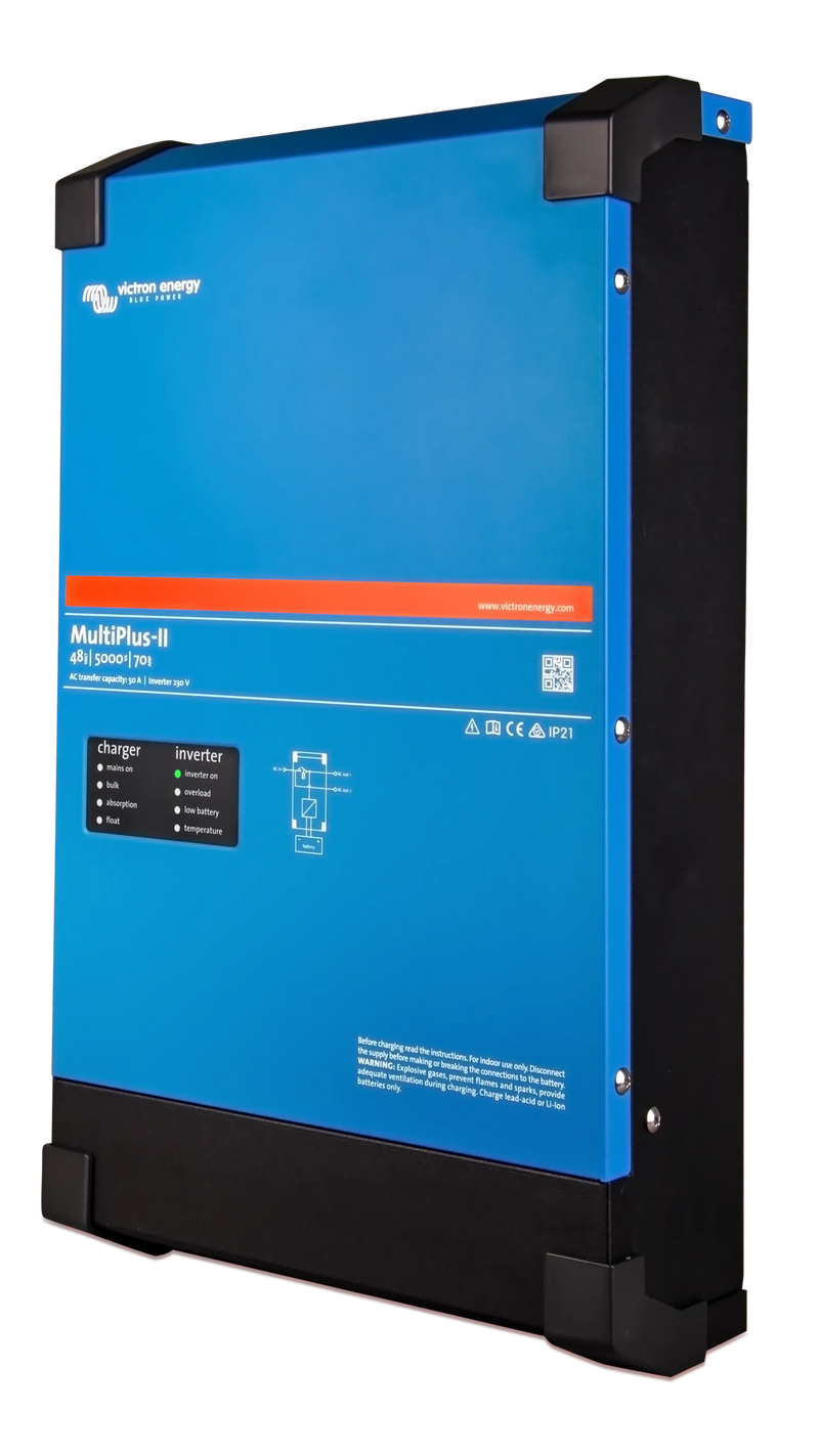Blue and black power converter with visible branding on a white background
