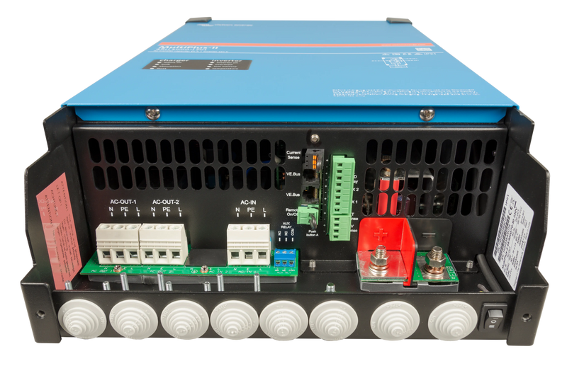 Power inverter with various connectors and labels on a white background