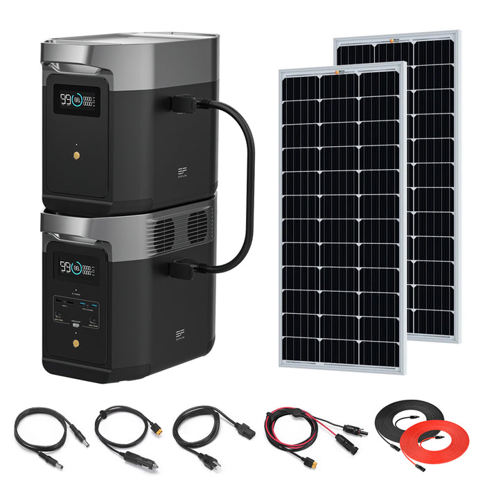 EcoFlow DELTA 2 + Extra Battery 2048Wh 1.8kW Solar Generator | 100W Rigid Mono Solar Panels
