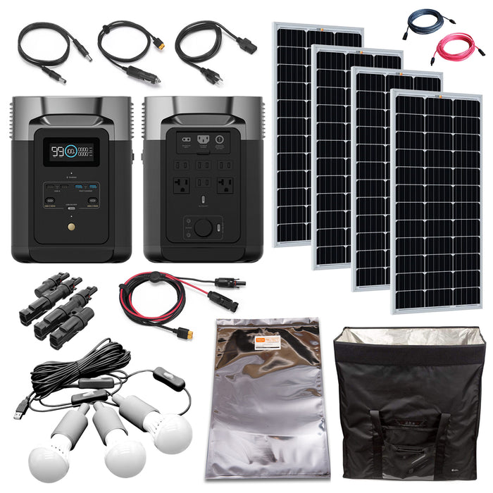 EcoFlow DELTA MAX 2,400W 2,016wH Portable Power Station | 4 x 200 Watt 12V Mono Solar Panels | EMP Bag | Camp Lights
