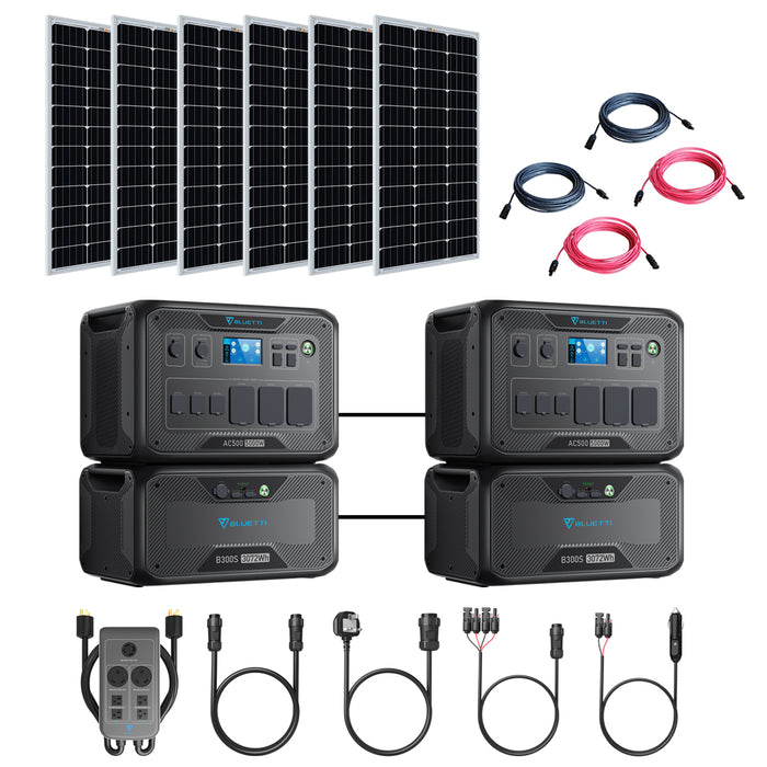 Bluetti AC500 10,000W/6,144Wh Solar Generator Kit | 2 x B300S 3072Wh Battery | 6 x 200W 12V Rigid Mono Solar Panels | Complete Solar Kit