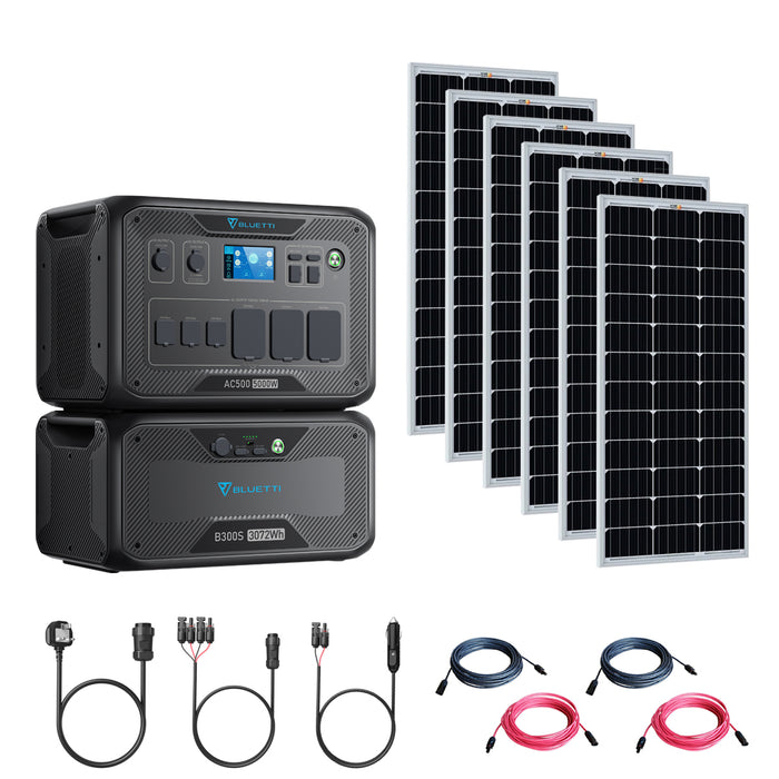 Bluetti AC500 5000W/3,072Wh Solar Generator Kit | 6 x 200W 12V Rigid Mono Solar Panels | 1 x B300S 3072Wh Battery | Complete Solar Kit