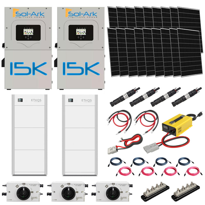 ETHOS 48V 30.8KWH Stackable Battery (6 Modules) | 2 x Sol-Ark 15K 120/240V Hybrid Inverter | 48 x 410W Rigid Mono Solar Panels