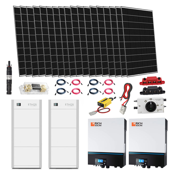 Complete Off-Grid Kit | ETHOS 48V 30.8KWH Stackable Battery (6 Modules) | 13,000W 120/240V Output Inverter/Charger | 18 x 410W Rigid Solar Panels