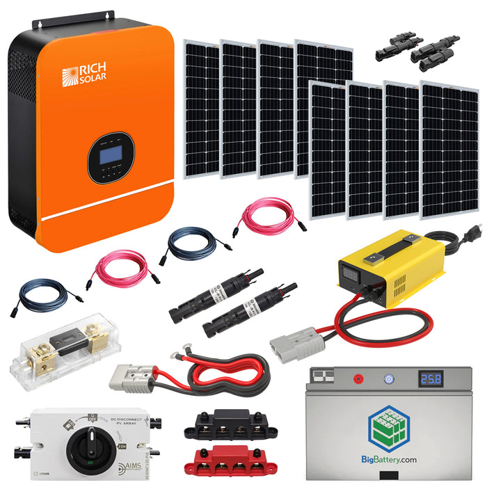Off Grid Solar Kit 48V 3.1kWh | 3,000W 120V Output Inverter | 48V 3.1kWh Lithium Battery Bank | 8 x 200W Rigid Solar Panels