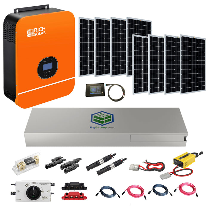 Off Grid Solar Kit 48V 7,000Wh | 3,000W 120V Output Inverter | 48V 7,000Wh MUSTANG Lithium Battery Bank | 8 x 200W Rigid Solar Panels