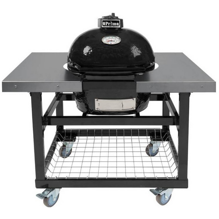 Primo Oval Junior Charcoal Grill with Stainless Steel Cart and Side Shelves